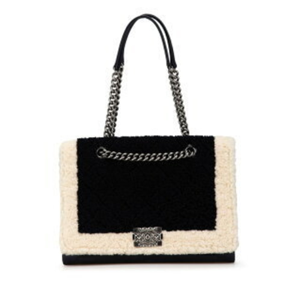 Chanel Boy Chain Handbag Black White Mouton Leather s